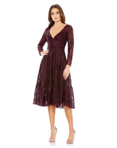 Shop Mac Duggal Lace Embellished Long Sleeve Ruffle Hem Dress - Final Sale In Wine