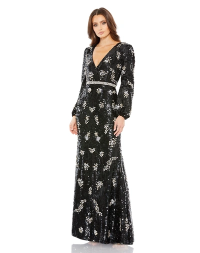 Shop Mac Duggal Embellished Wrap Over Bishop Sleeve Gown In Black