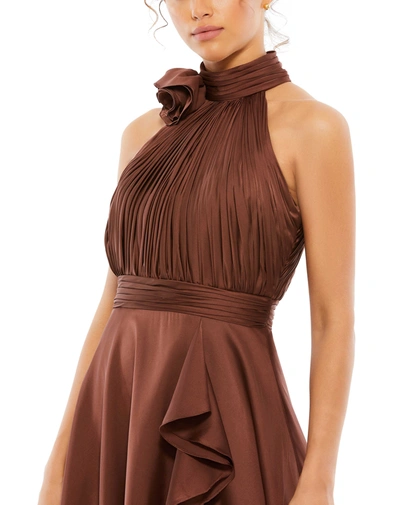 Shop Mac Duggal Halter Neck Flower Detail Ruffled Midi Dress In Chocolate