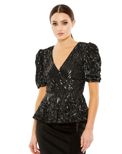 Shop Mac Duggal Sequined Puff Sleeve Faux Wrap Top In Black