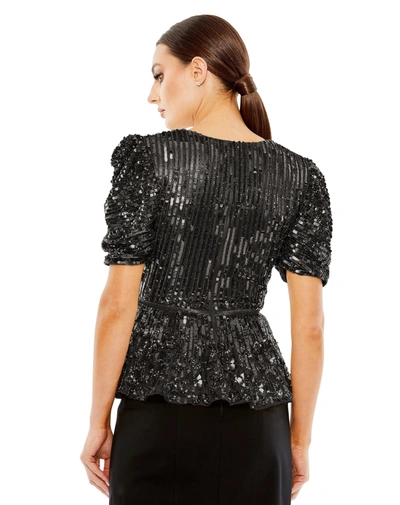 Shop Mac Duggal Sequined Puff Sleeve Faux Wrap Top In Black