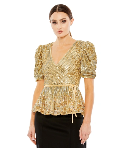 Shop Mac Duggal Sequined Puff Sleeve Faux Wrap Top In Gold