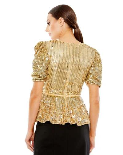 Shop Mac Duggal Sequined Puff Sleeve Faux Wrap Top In Gold