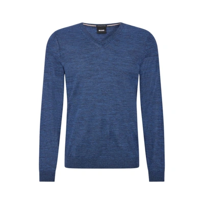 Shop Hugo Boss V-neck Slim-fit Sweater In Virgin Wool In Blue