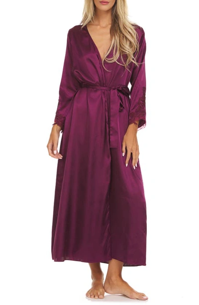 Shop Flora Nikrooz Stella Belted Lace Trim Satin Robe In Bordeaux