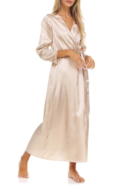 Flora Nikrooz Stella Belted Lace Trim Satin Robe In Almond