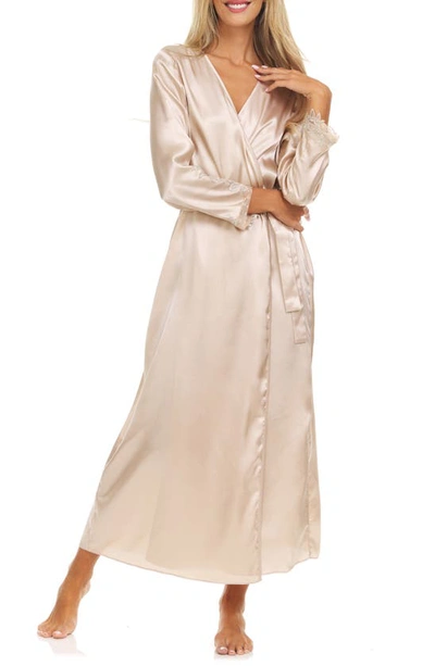 Flora Nikrooz Stella Belted Lace Trim Satin Robe In Almond