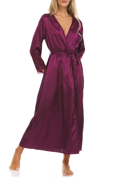Shop Flora Nikrooz Stella Belted Lace Trim Satin Robe In Bordeaux