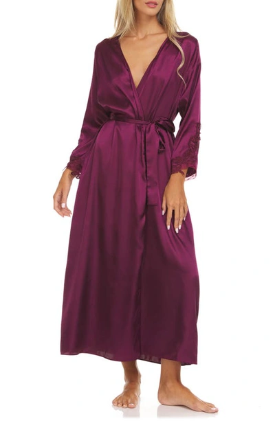 Shop Flora Nikrooz Stella Belted Lace Trim Satin Robe In Bordeaux