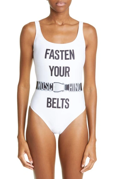 Shop Moschino Fasten Your Seatbelt Trompe L'oeil One-piece Swimsuit In Fantasy Print White