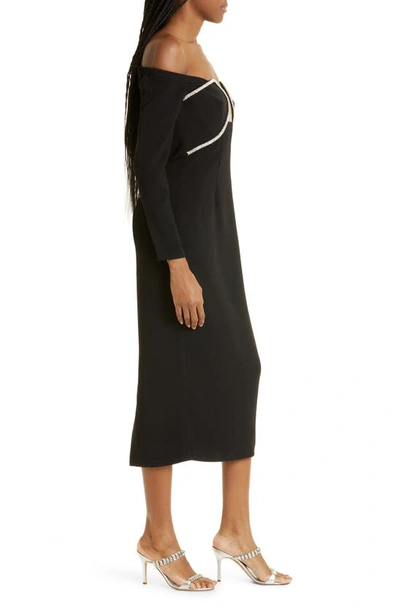 Shop Self-portrait Long Sleeve Off The Shoulder Crepe Midi Dress In Black