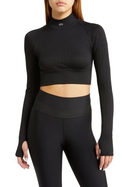 Shop Alo Yoga Seamless Cable Fleece Crop Top In Black
