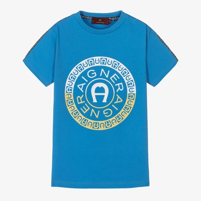Shop Aigner Boys Blue Cotton Logo T-shirt