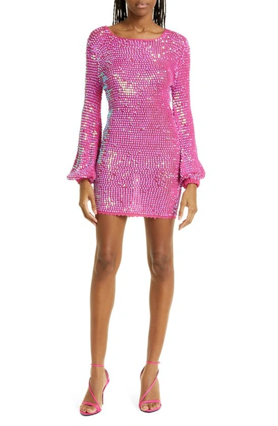 Shop Retroféte Tara Sequin Long Sleeve Crochet Minidress In Iridescent Lilacpink