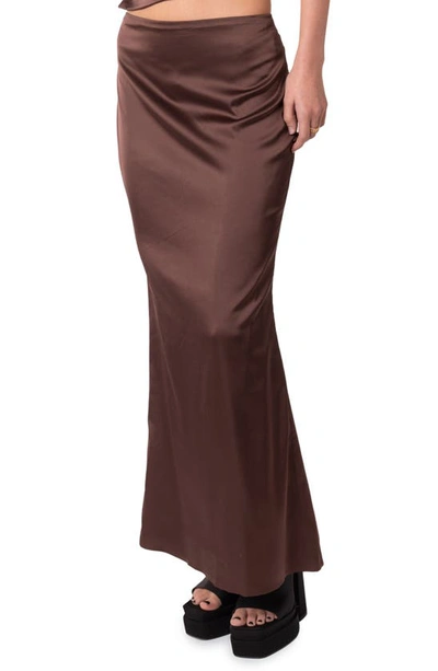 Edikted Ruched Satin Maxi Skirt In Brown