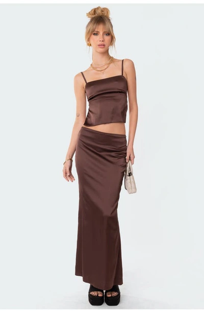 Edikted Ruched Satin Maxi Skirt In Brown
