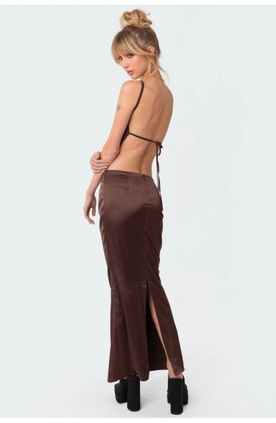 Edikted Ruched Satin Maxi Skirt In Brown