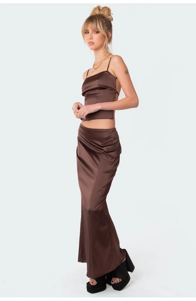 Edikted Ruched Satin Maxi Skirt In Brown