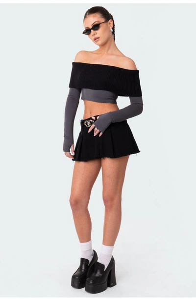 Edikted Low Rise Cotton Denim Mini Skort In Black