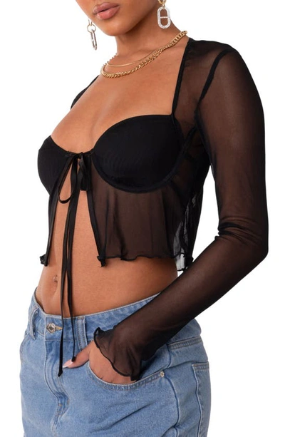 Edikted Mesh Long Sleeve Bra Top In Black