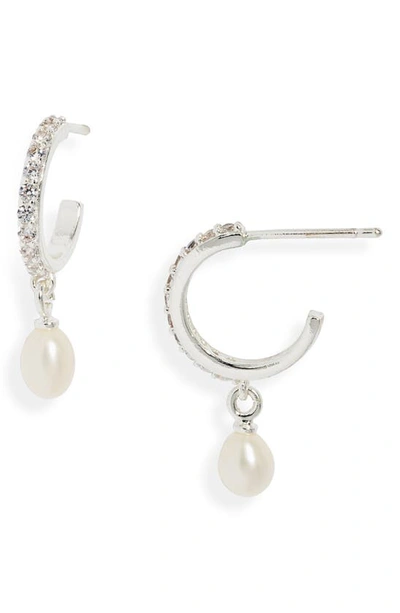 Shop Estella Bartlett Pearl Charm Cubic Zirconia Hoop Earrings In Silver