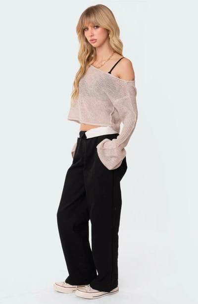 Edikted Emmie One-shoulder Sheer Sweater In Beige