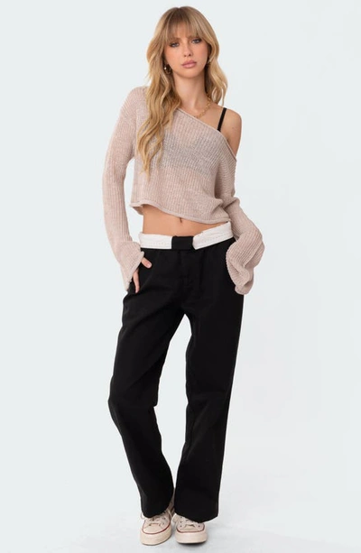 Edikted Emmie One-shoulder Sheer Sweater In Beige