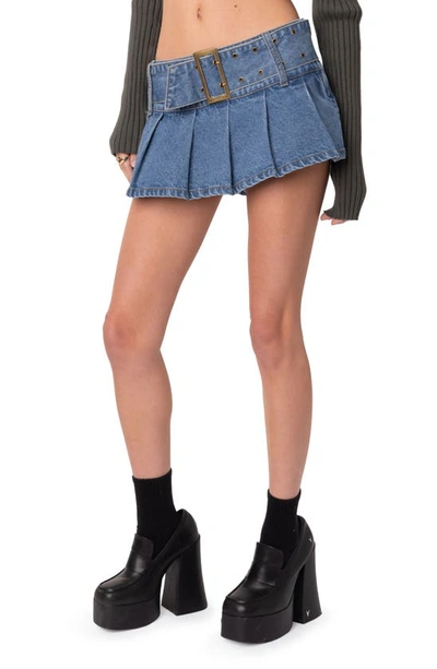Edikted Belted Pleated Low Rise Denim Microminiskirt In Blue