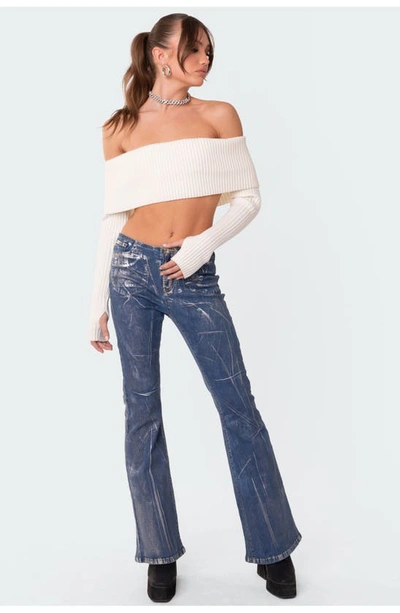 Shop Edikted Metallic Coated Low Rise Flare Jeans In Mix