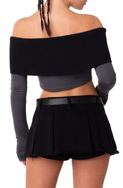 Edikted Alma Off The Shoulder Mixed Media Crop Top In Gray