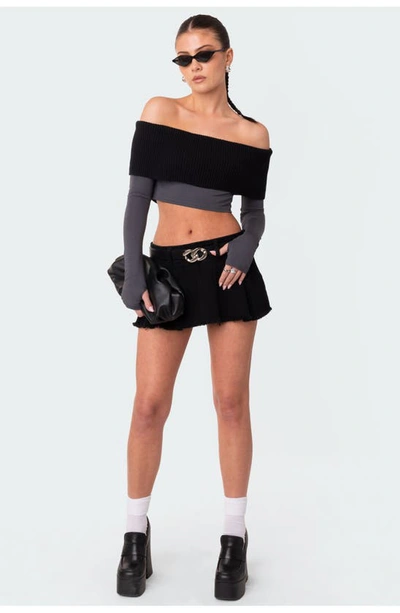 Edikted Alma Off The Shoulder Mixed Media Crop Top In Gray