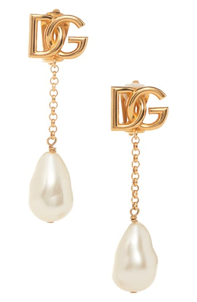 Shop Dolce & Gabbana Dg Logo Imitation Pearl Clip-on Earrings In Gold