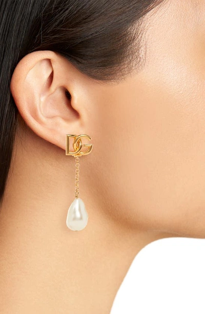 Shop Dolce & Gabbana Dg Logo Imitation Pearl Clip-on Earrings In Gold