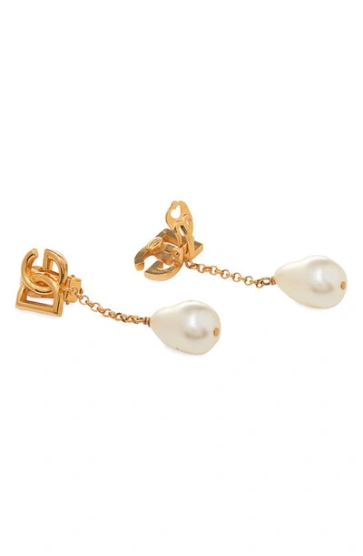 Shop Dolce & Gabbana Dg Logo Imitation Pearl Clip-on Earrings In Gold