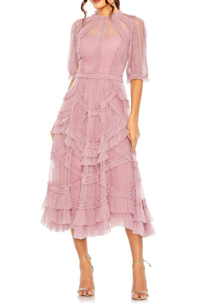 Shop Mac Duggal Puff Sleeve Ruffle Tulle Midi Dress In Antique Rose