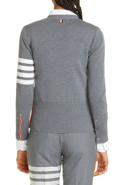 Thom Browne Four Bar Stripe Merino Wool V-neck Cardigan In Medium Grey