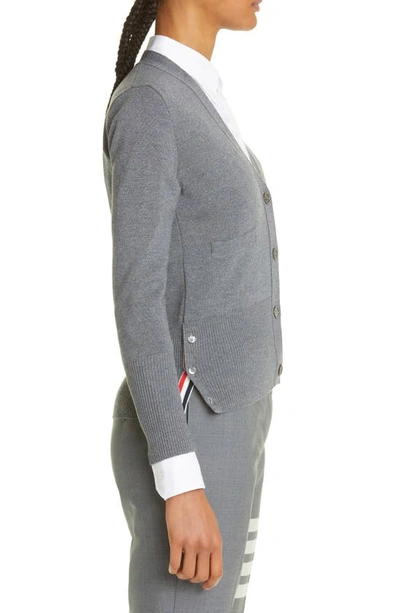 Thom Browne Four Bar Stripe Merino Wool V-neck Cardigan In Medium Grey