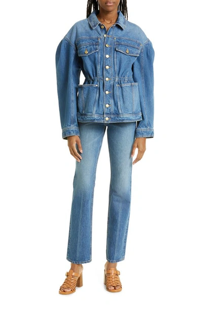 Shop Ulla Johnson Odette Blouson Sleeve Denim Jacket In Danube Medium Indigo Wash