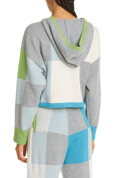 Shop Yanyan Embroidered Colorblock Check Wool Hooded Sweater In Blue/ Green