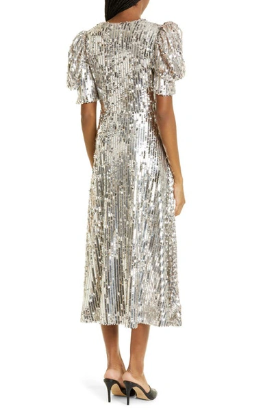 Shop Rotate Birger Christensen Puff Sleeve Sequin Midi Dress In Silver