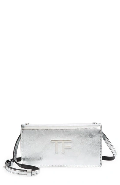 Shop Tom Ford Mini Metallic Leather Crossbody Bag In Silver