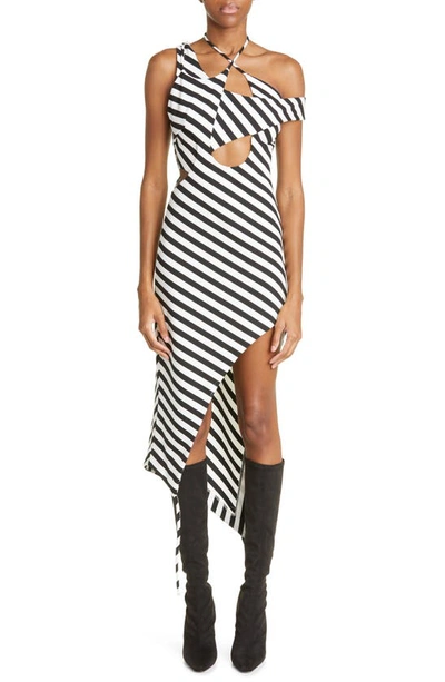 Shop Monse Asymmetric Stripe Cutout Midi Dress In Black/ White