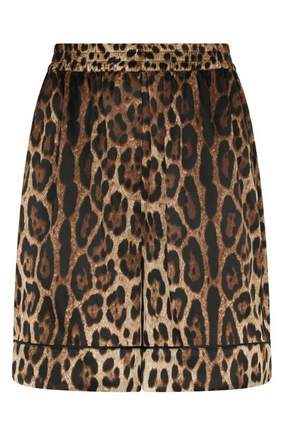 Shop Dolce & Gabbana Leopard Print Stretch Silk Satin Shorts In Light Brown