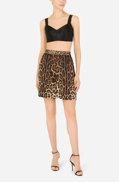 Shop Dolce & Gabbana Leopard Print Stretch Silk Satin Shorts In Light Brown