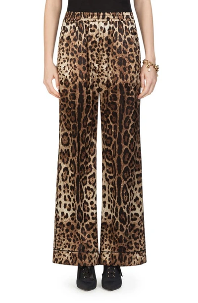 Dolce & Gabbana Leopard Print Wide Leg Stretch Silk Satin Pajama Pants In Light Brown