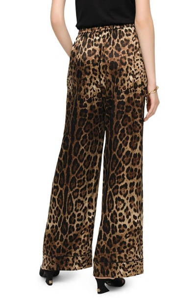 Shop Dolce & Gabbana Leopard Print Wide Leg Stretch Silk Satin Pajama Pants In Light Brown