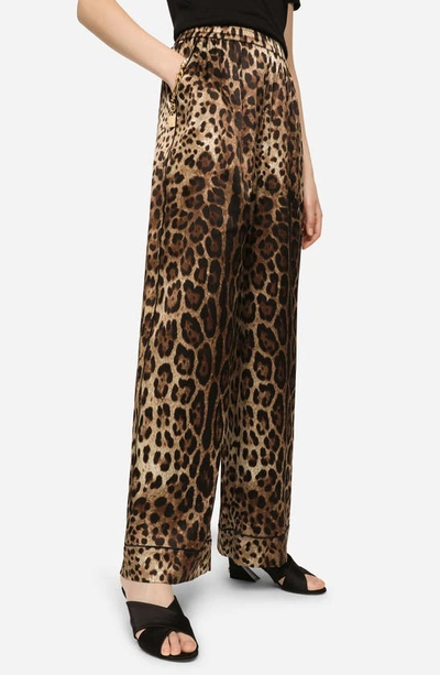 Dolce & Gabbana Leopard Print Wide Leg Stretch Silk Satin Pajama Pants In Light Brown