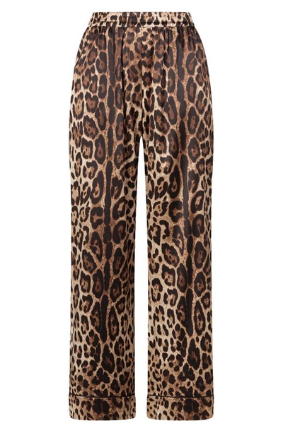 Shop Dolce & Gabbana Leopard Print Wide Leg Stretch Silk Satin Pajama Pants In Light Brown