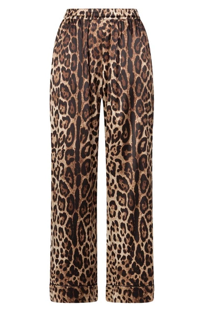 Dolce & Gabbana Leopard Print Wide Leg Stretch Silk Satin Pajama Pants In Light Brown