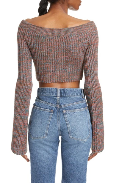 Shop Chloé Off The Shoulder Cashmere Blend Mouliné Crop Rib Sweater In Multicolor Blue 1